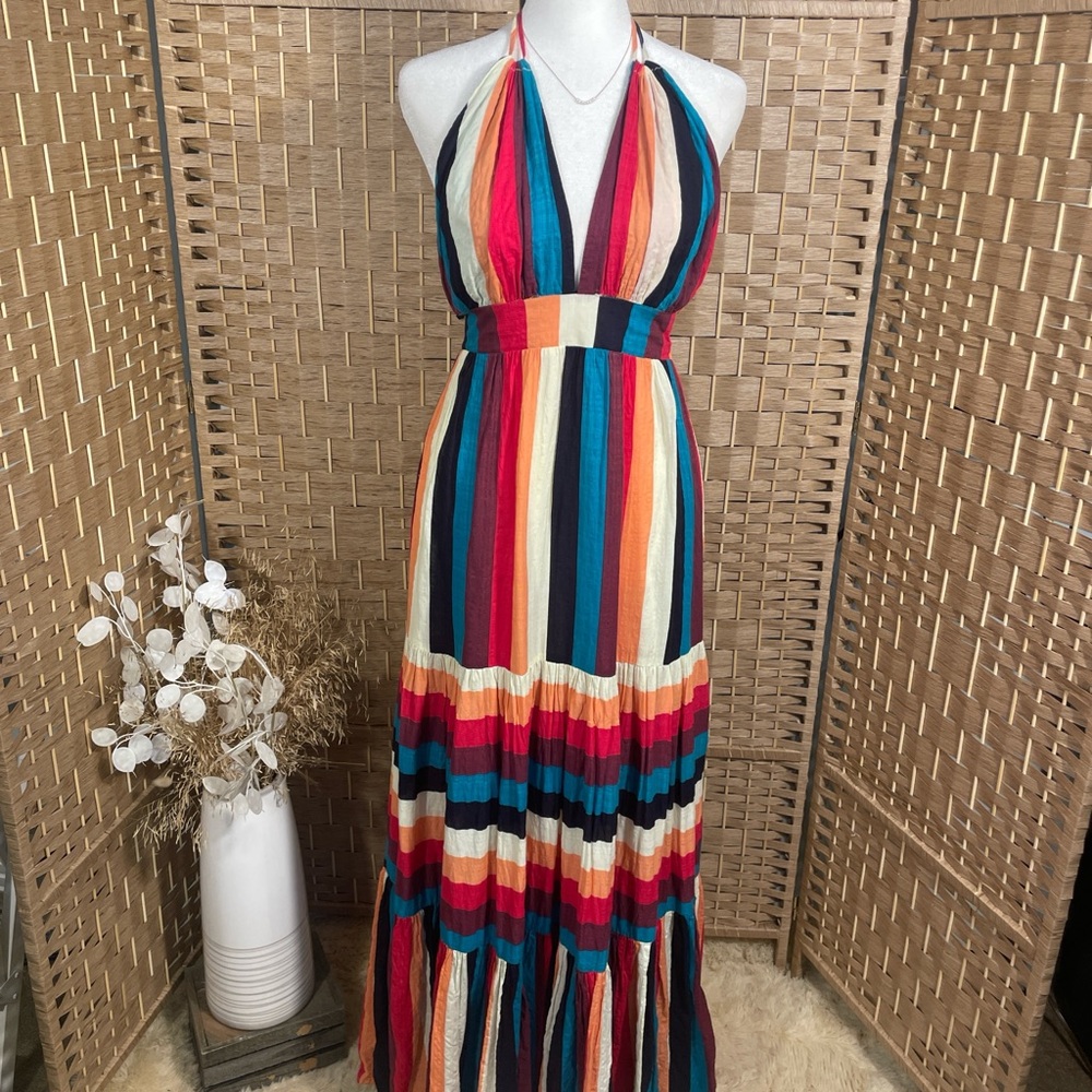 Multicolor Striped Halter Maxi Dress